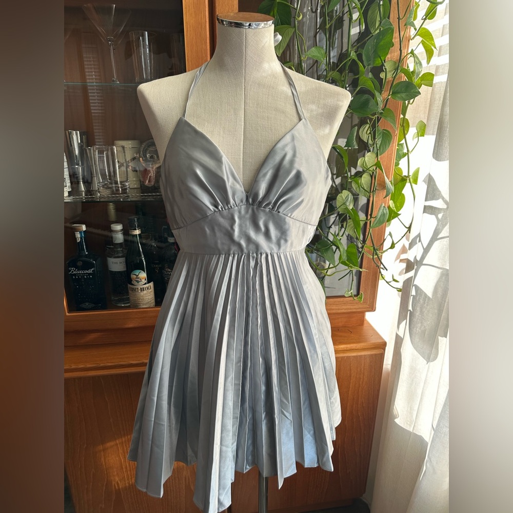 Vintage - Gunne Sax | Jessica McClintock Pleated Mini Dress - Silver Satin